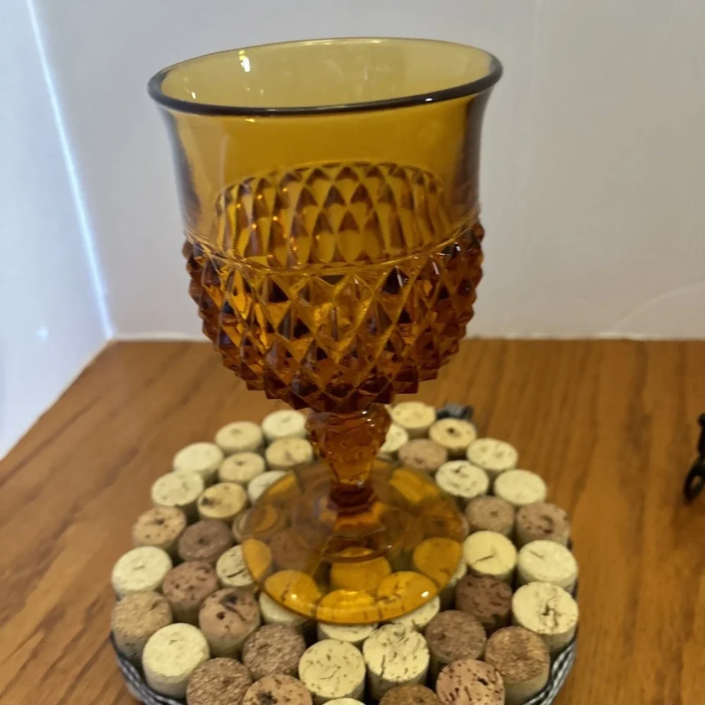Vintage Amber Indiana Glass Diamond Point Goblet EUC‎